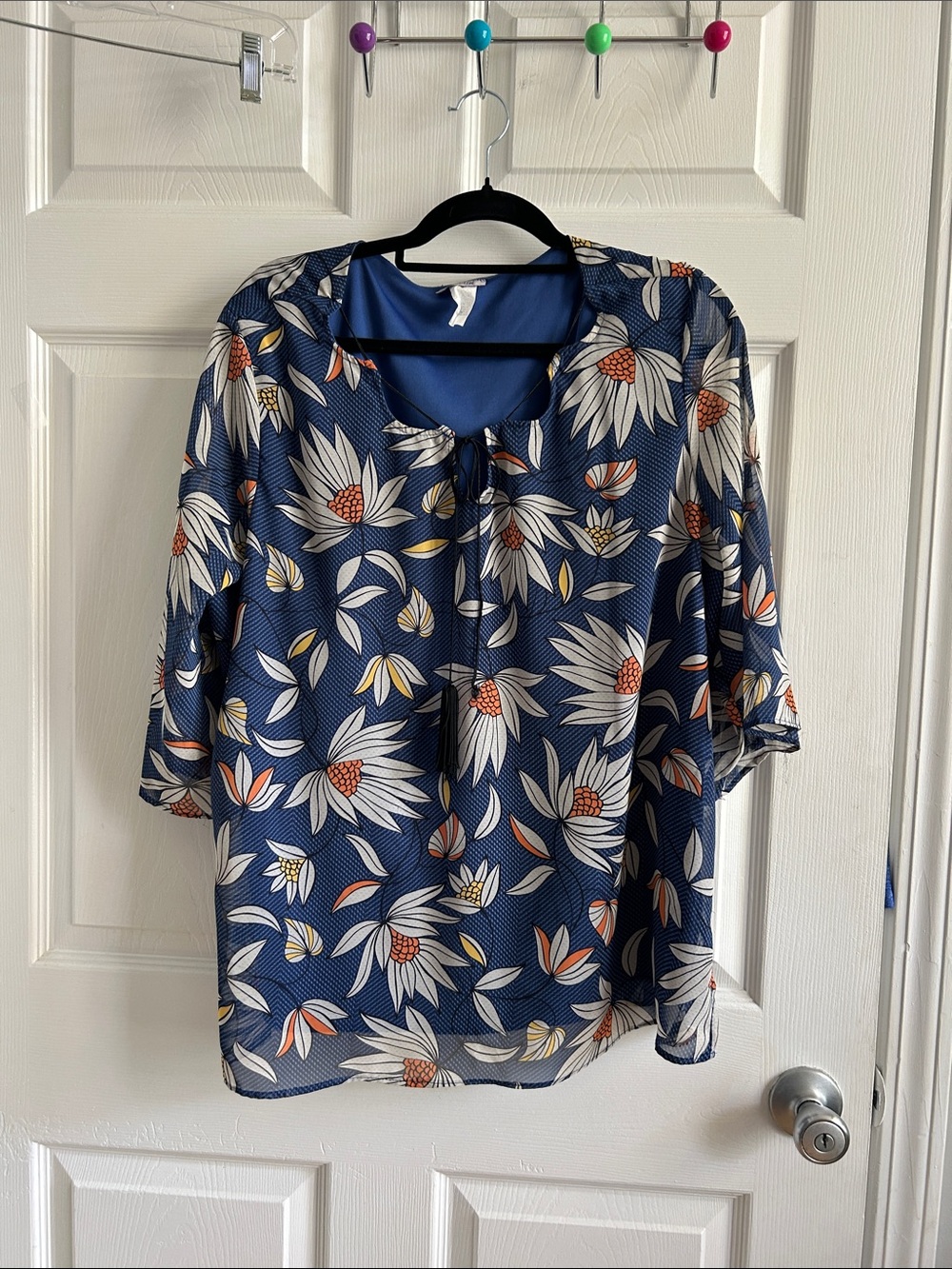 Essentials Navy Floral Tie-Front Blouse